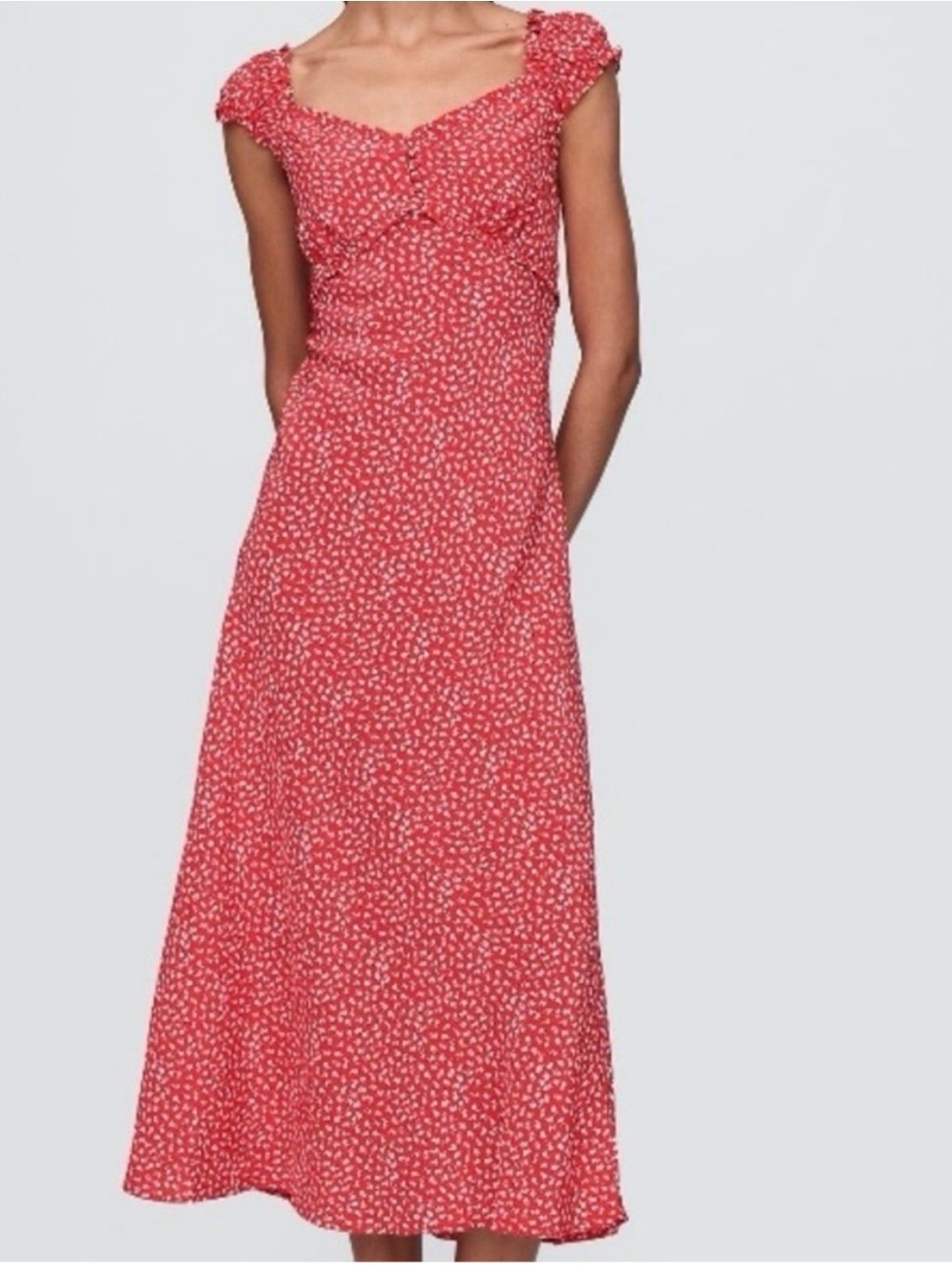 GAP Red & White Floral Printed Cap-Sleeve Midi Dress